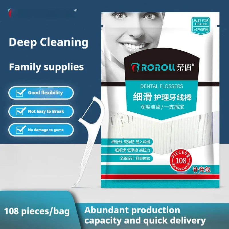 Independently packaged dental floss with 100 single-use packets in portable plastic bag