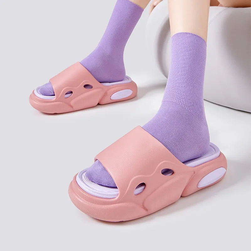Pair of two-colour EVA slippers with a thick sole and leather lining, shown in available colour options.