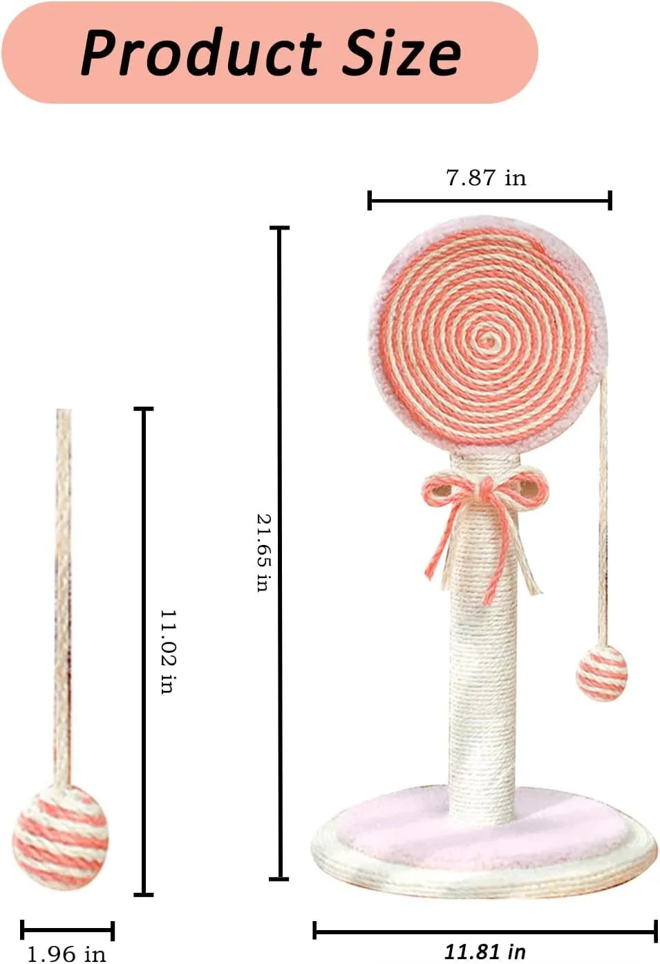 Blue cat scratching post with natural sisal rope and a hanging yellow ball toy on a sturdy wooden base.