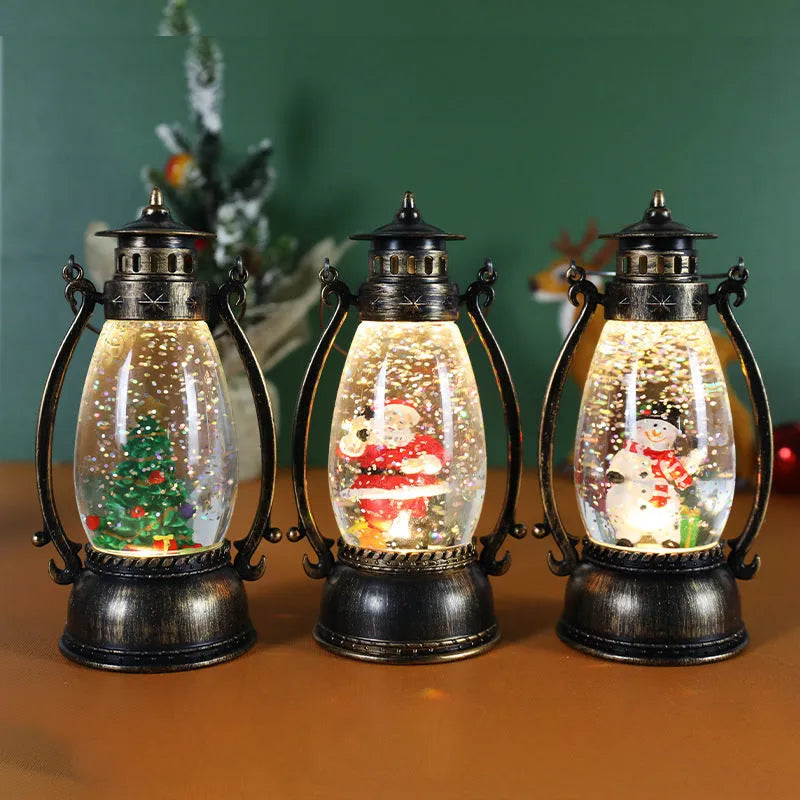 Crystal ball LED oil lamp Christmas decoration with snow globe effect showing detailed figurine scene