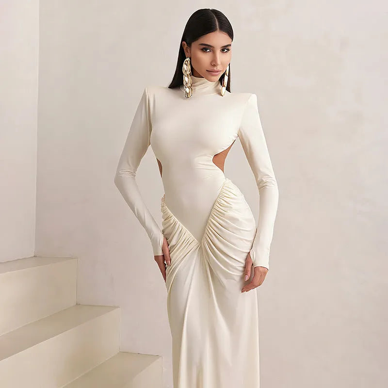Long sleeve high collar slim fit dress with pleated backless design in polyester fabric