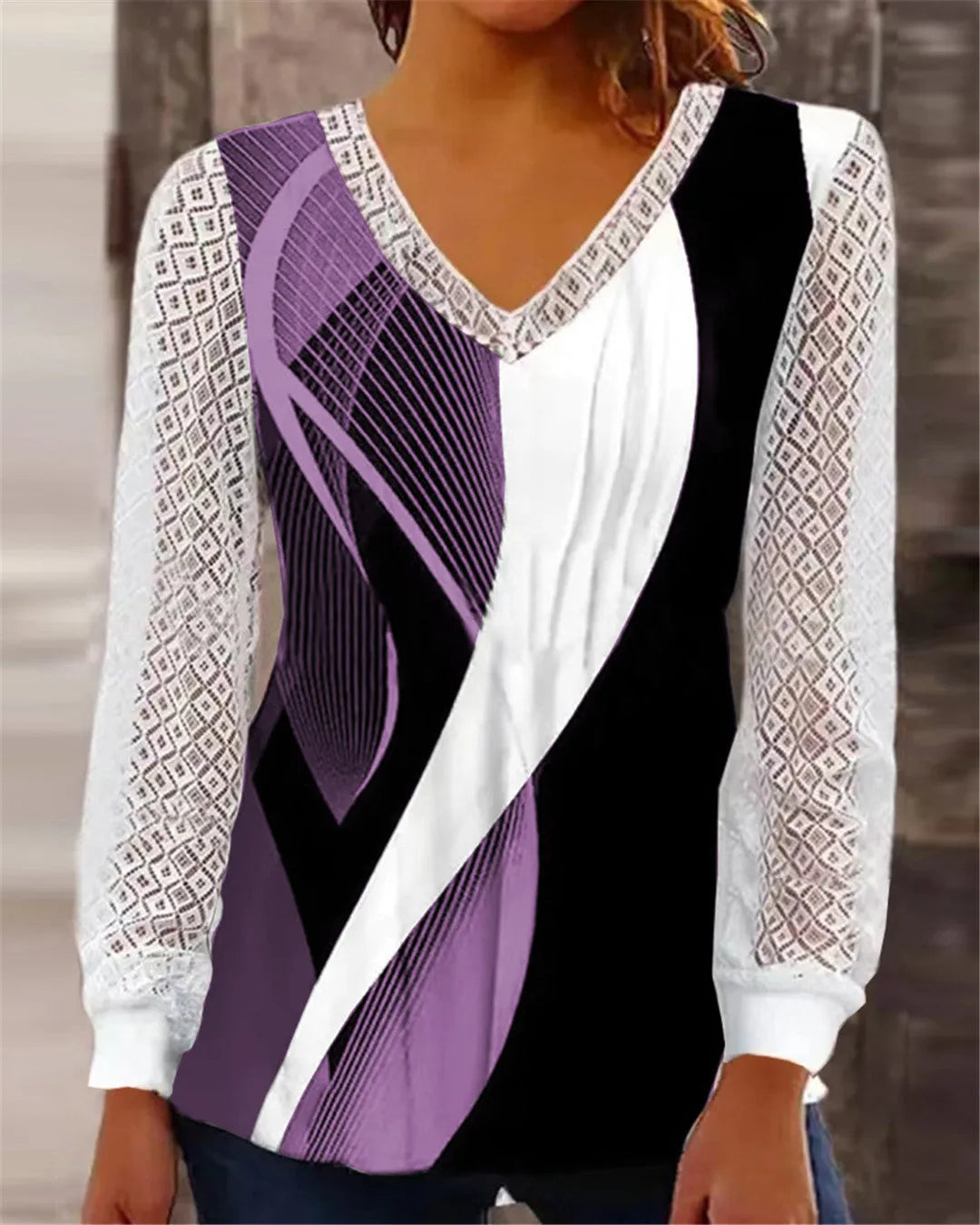 Women's V-neck lace top with hollow-out detailing in trueran polyester fabric
