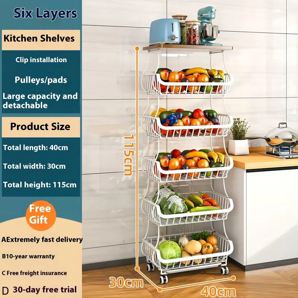 Black six-tier freestanding kitchen storage trolley with metal frame.