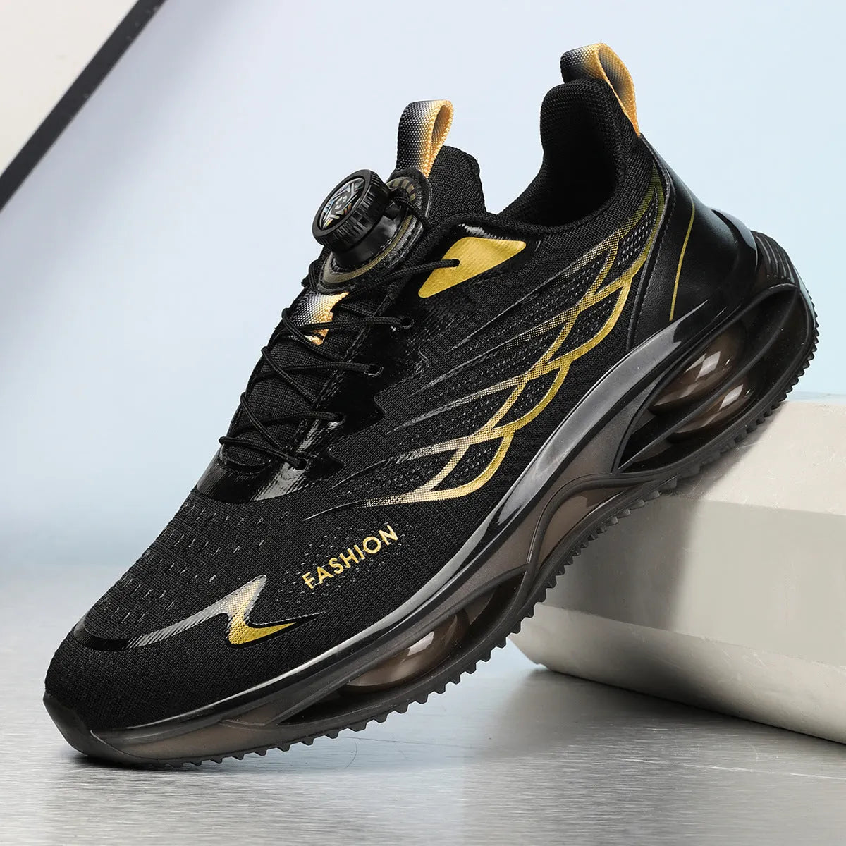 Pair of breathable casual running shoes with mesh upper and rubber sole in a solid colour.