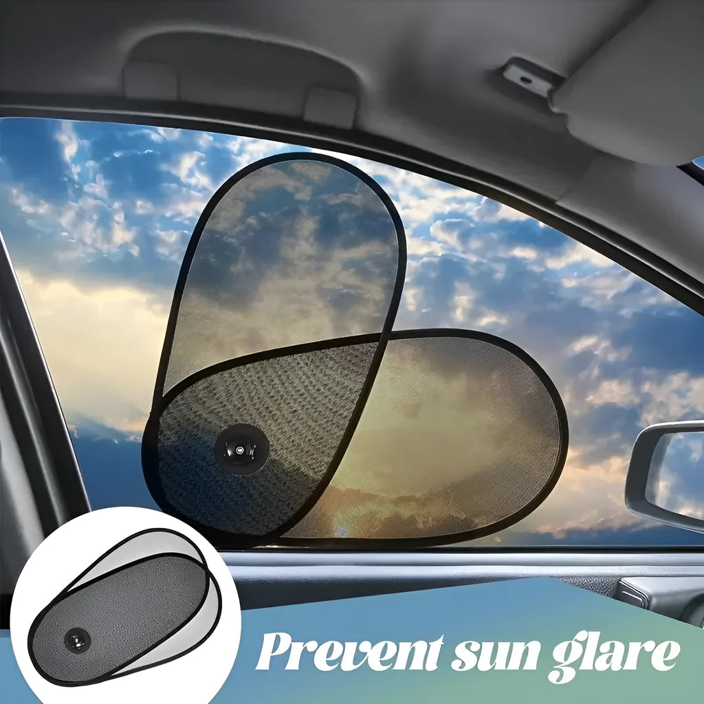Black adjustable car window shade with suction cups stretched across vehicle side window