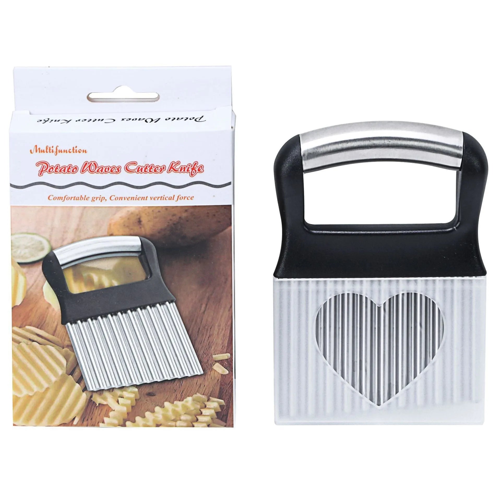 Stainless steel potato wave knife with a wavy blade on a black or white alloy handle.