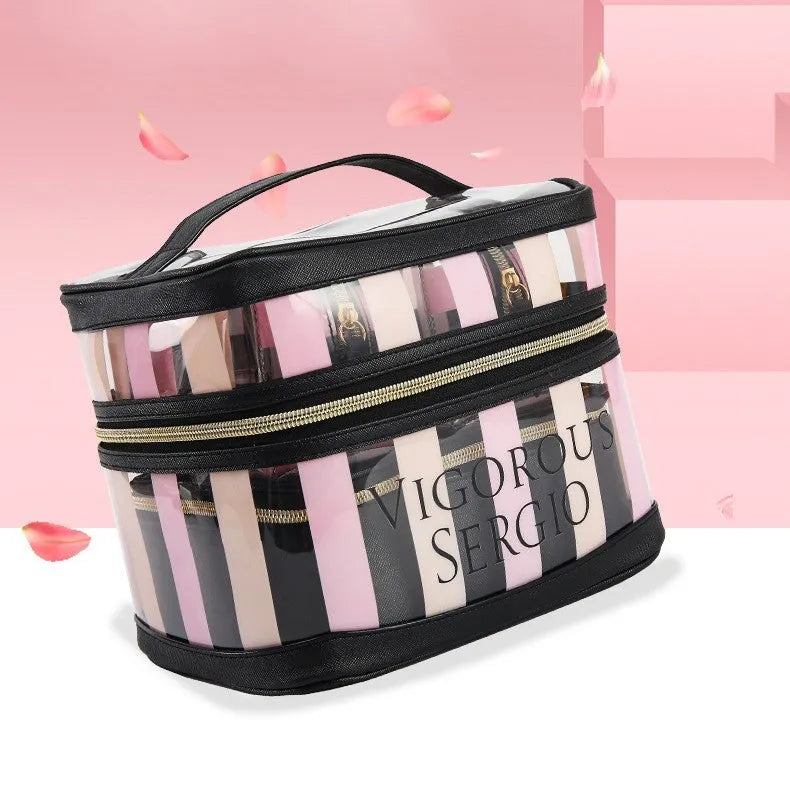 Professional pink striped makeup bag with floral pattern and folding design for cosmetic organisation