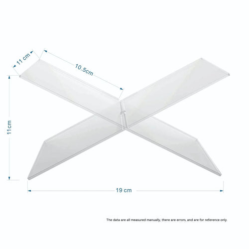 Clear acrylic X-shaped book display rack holding a book on a desktop