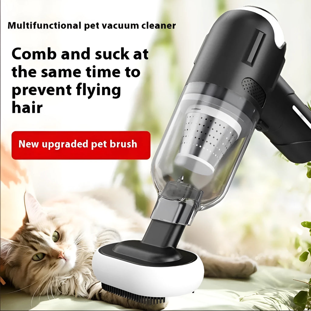 Handheld pet hair vacuum cleaner with attachments on a grey background