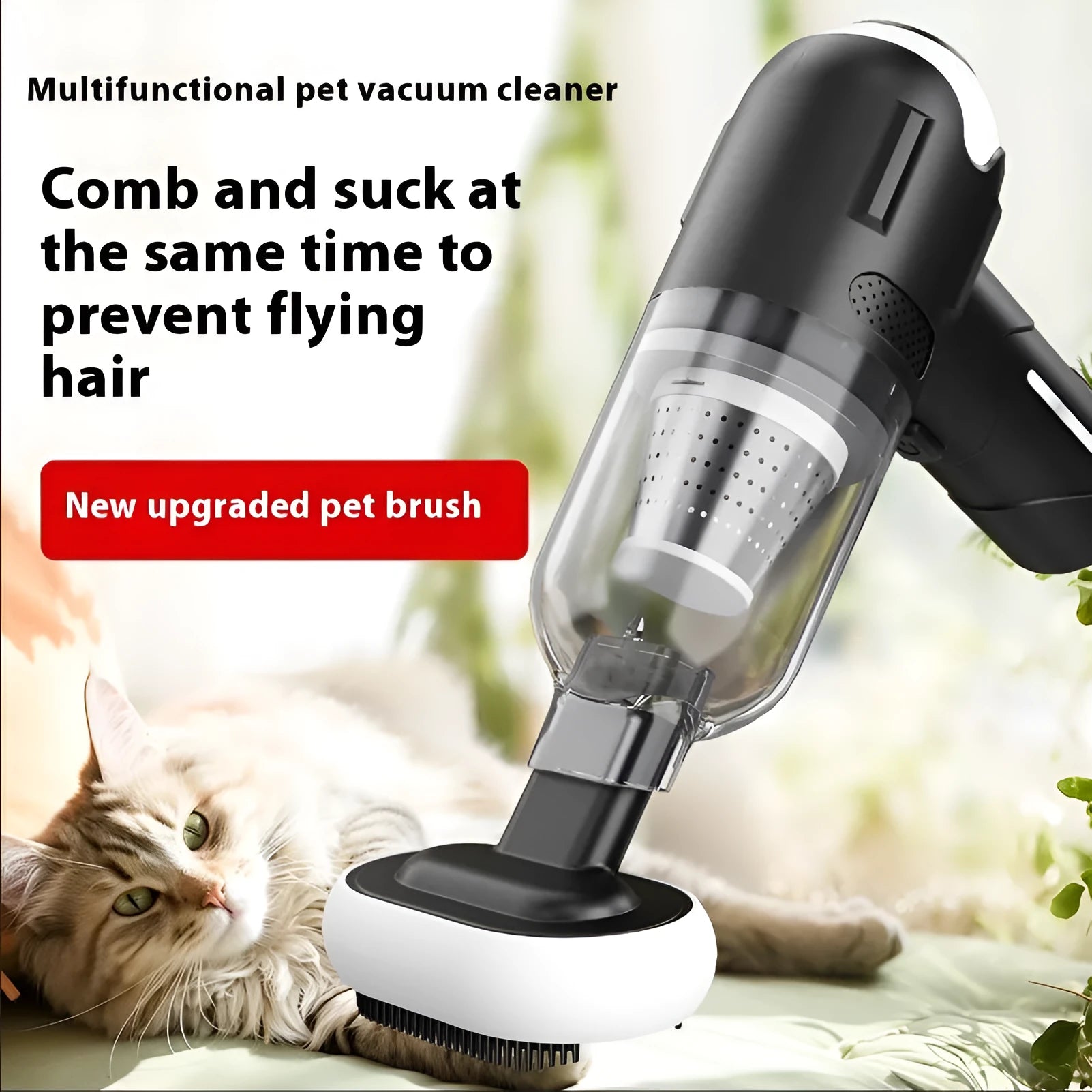 Handheld pet hair vacuum cleaner with attachments on a grey background