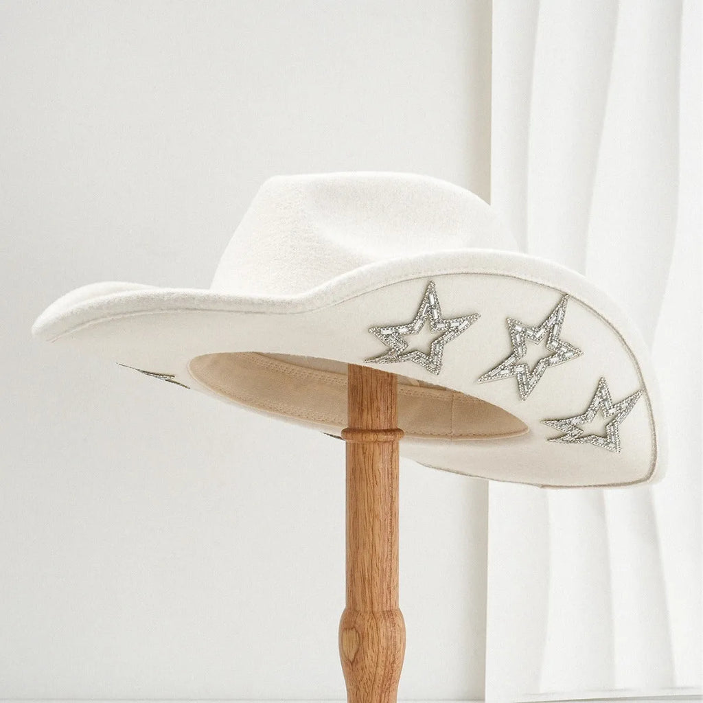 Western denim top hat in polyester woolen felt with conical crown and hexagonal star decoration