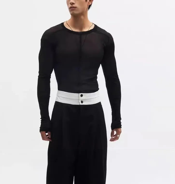 Black mesh texture slim-fit pullover with long sleeves and round collar