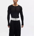 Black mesh texture slim-fit pullover with long sleeves and round collar