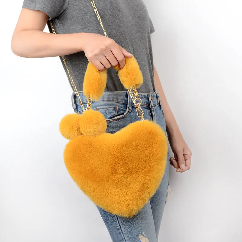 Plush heart-shaped women's handbag with removable shoulder strap in multiple colour options