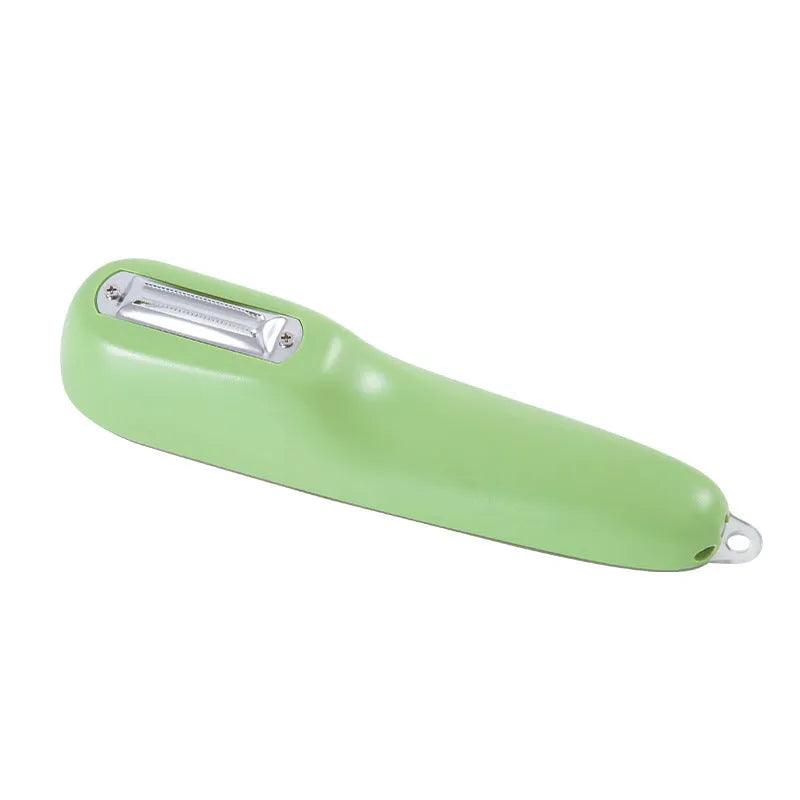 Dark green potato peeler with storage tube, stainless steel blade and plastic handle for kitchen use
