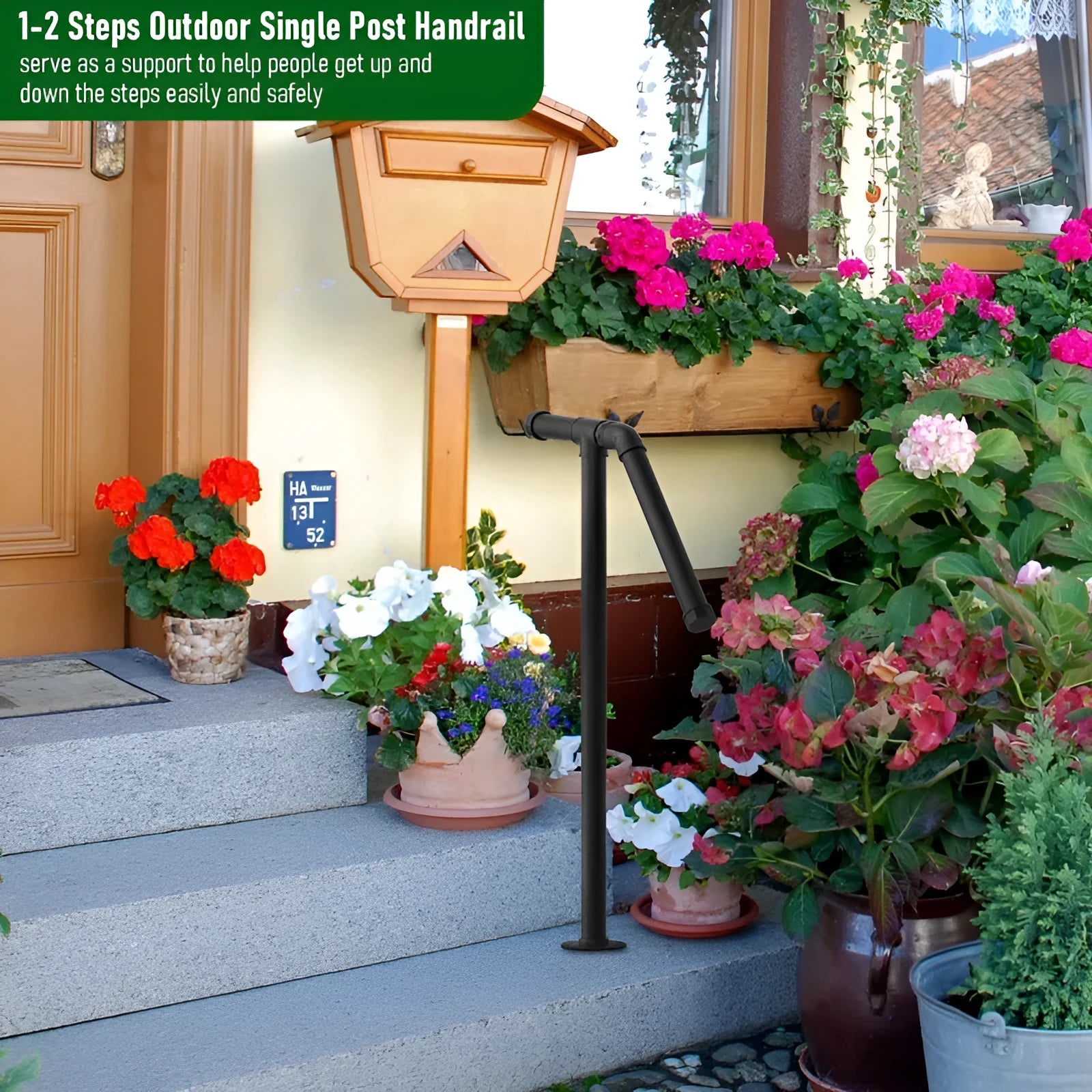 Black American-style minimalist metal ladder support bar for staircases.
