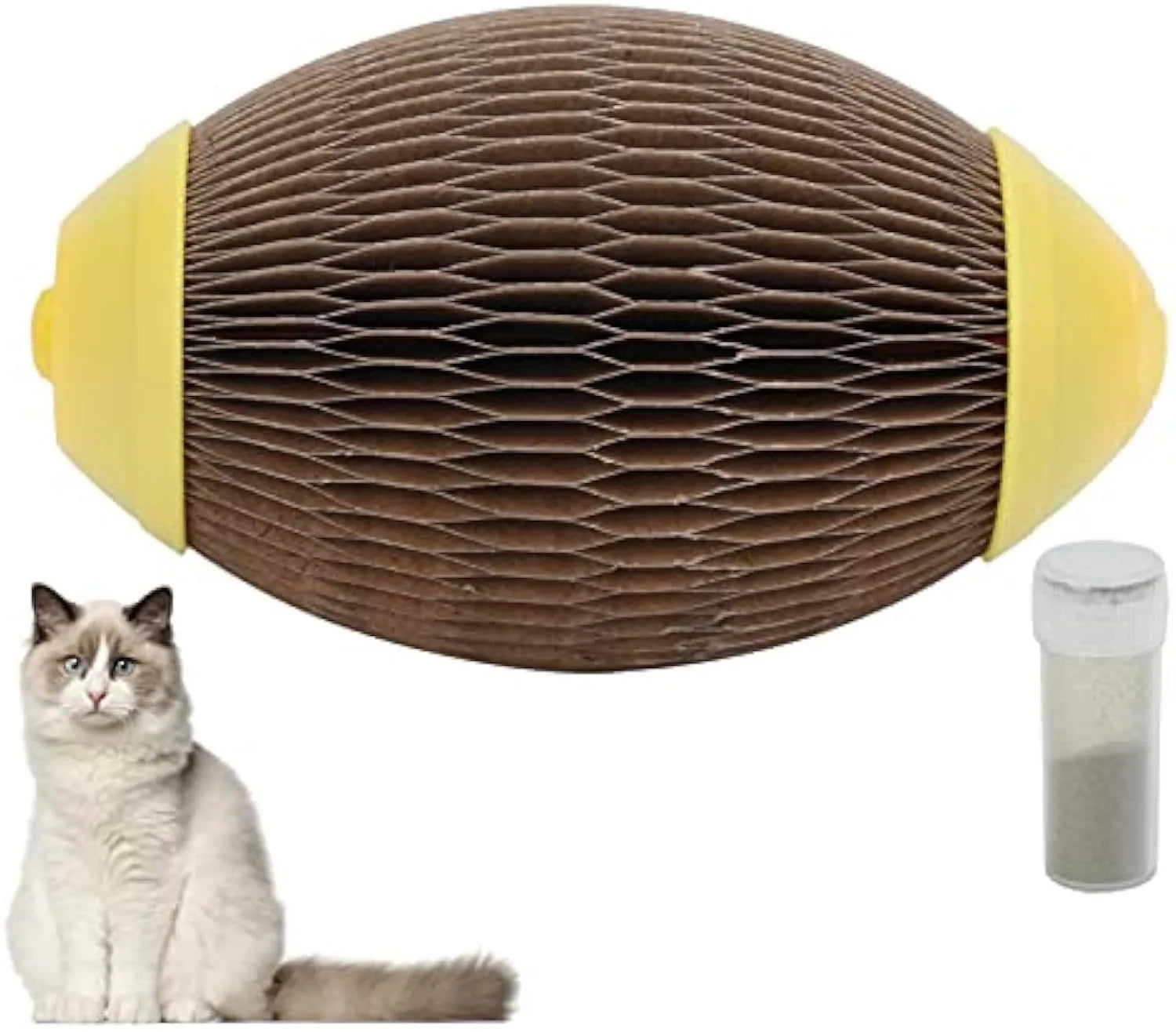 Ellipse‑shaped corrugated paper catnip football toy for cats with scratch surface