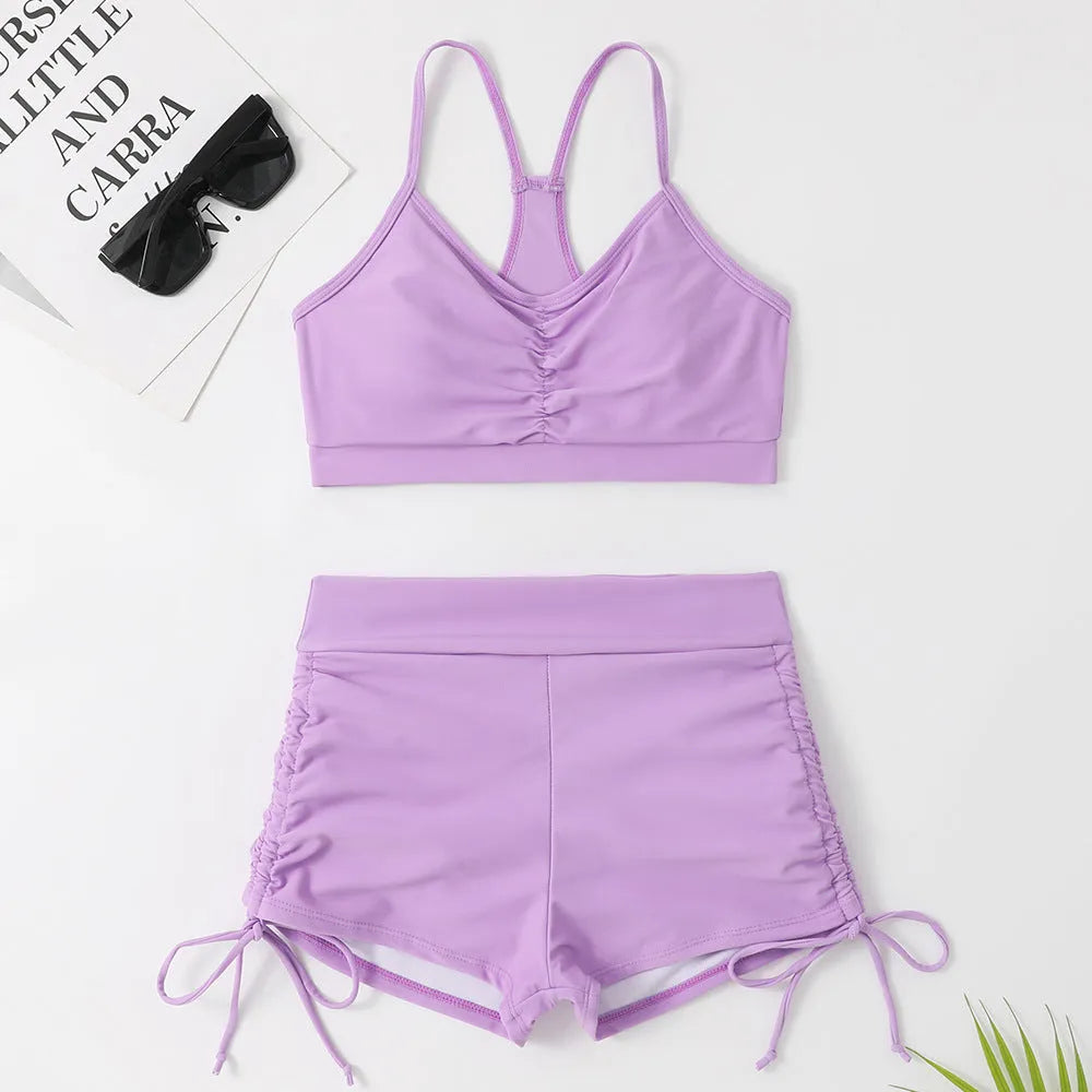 Women's high waist split swimsuit bikini set in violet or black nylon spandex