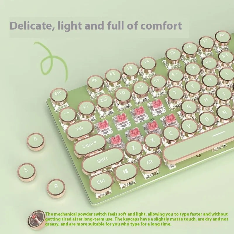 Matcha green mechanical keyboard with white backlight, aluminium panel, and multi-function knob on a desk