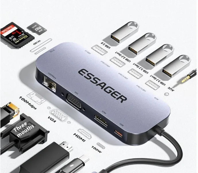 11-in-1 USB C expansion dock hub with Ethernet, HDMI, USB ports, and a 20cm cable