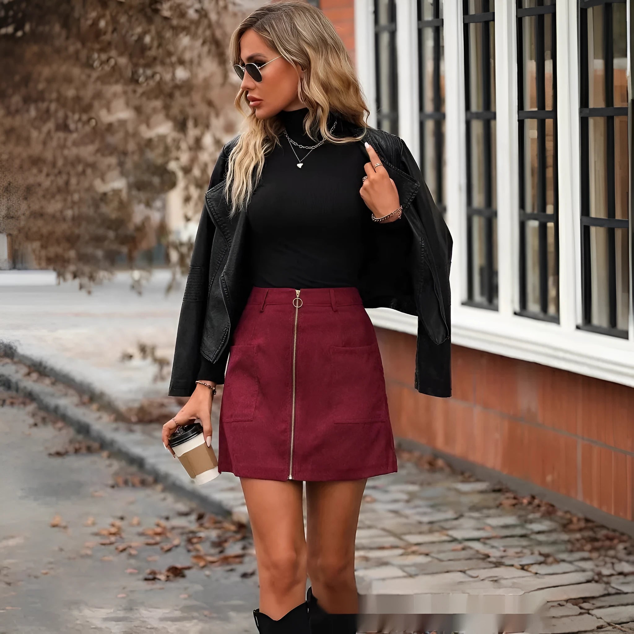 Women's black high waist short skirt with front stitching detail and concealed zipper.