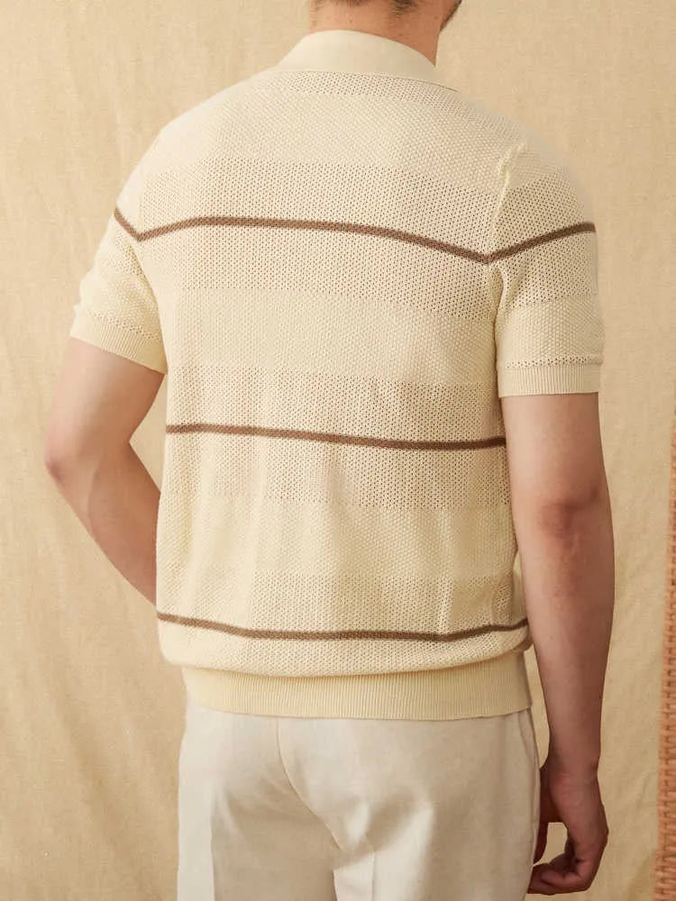 Camel coloured lapel collar cardigan with short sleeves made from cotton linen blend fabric