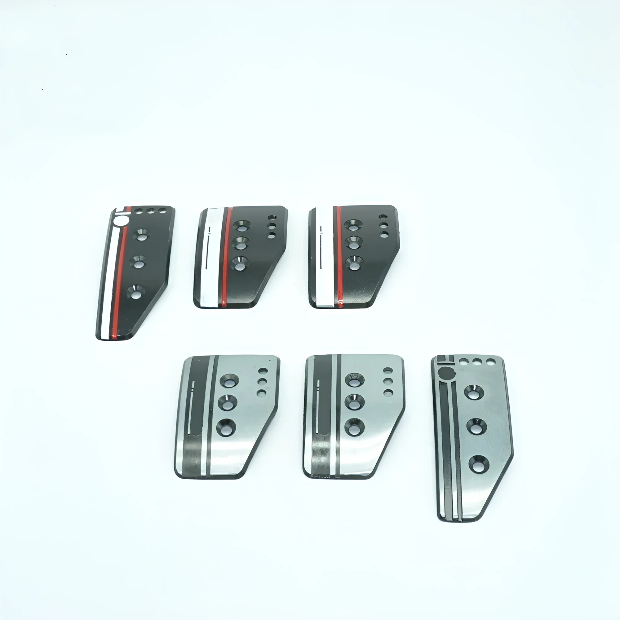 Aluminium alloy manual transmission pedal set showing accelerator, brake, and clutch pedals with screws and nuts
