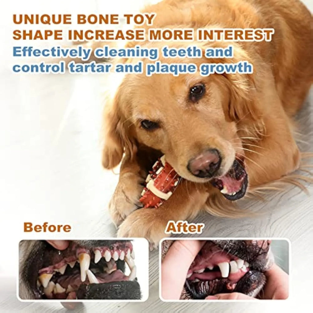 Natural rubber bone-shaped dog teeth grinding chew toy shown in large and small sizes.