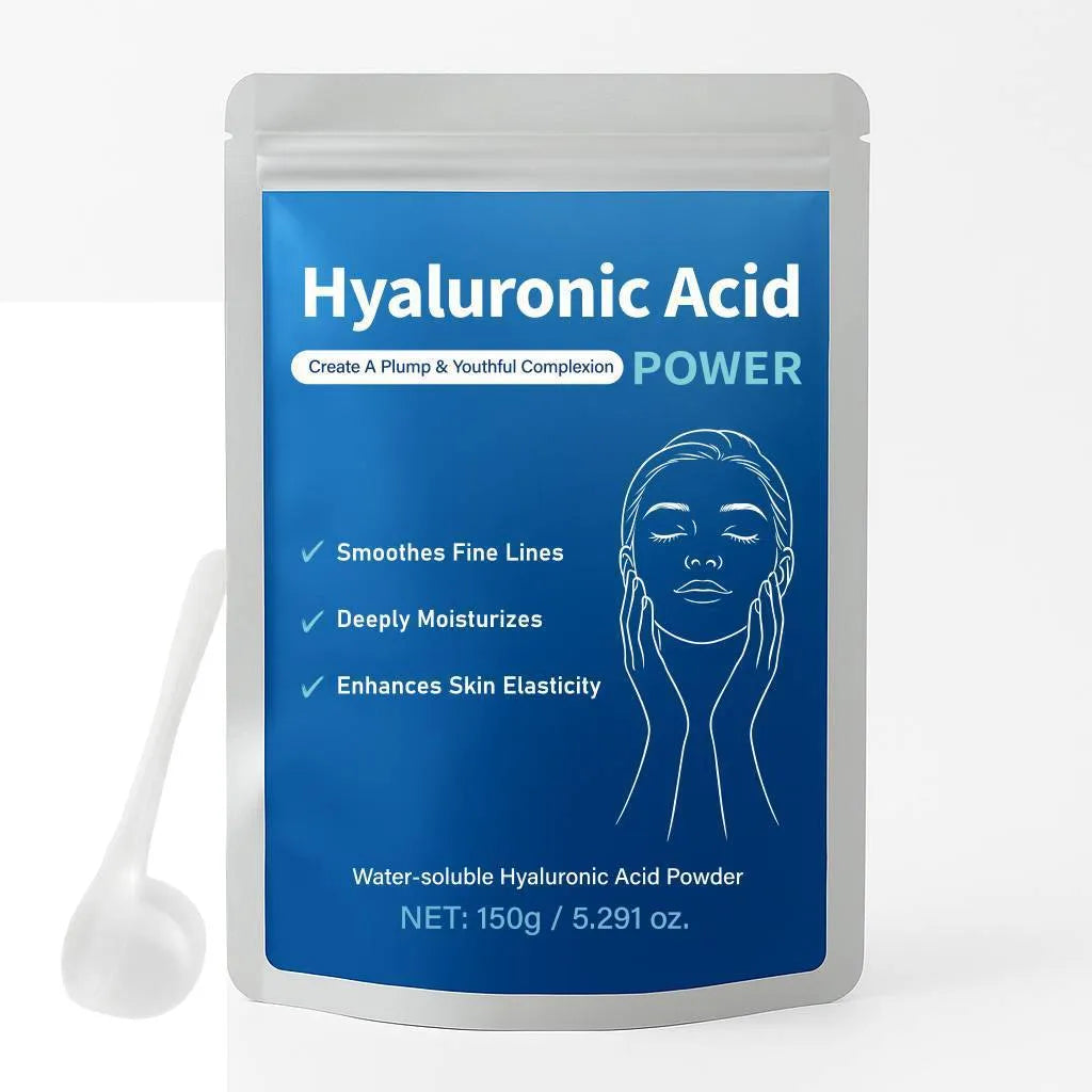 Hyaluronic acid powder supplement in a tub, 150G net content, for DIY skincare.