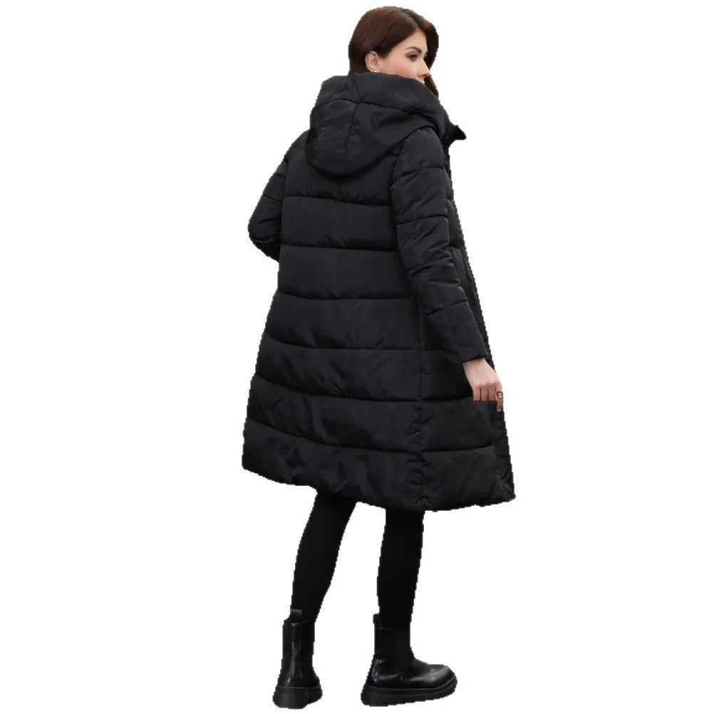 Black hooded cotton winter jacket with slim fit design and long sleeves