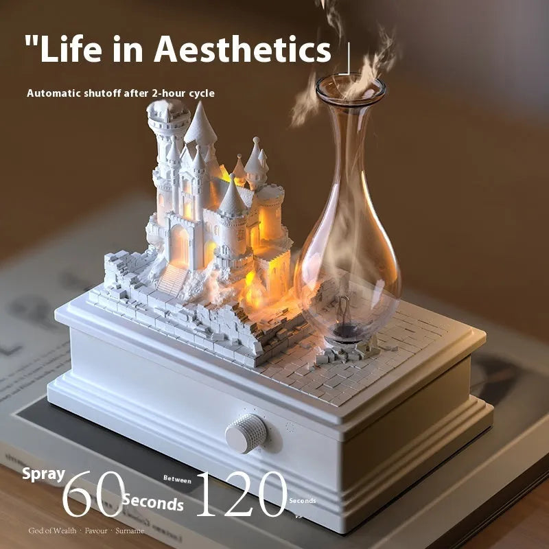 White medieval castle design waterless aromatherapy machine with ambient light on a table.