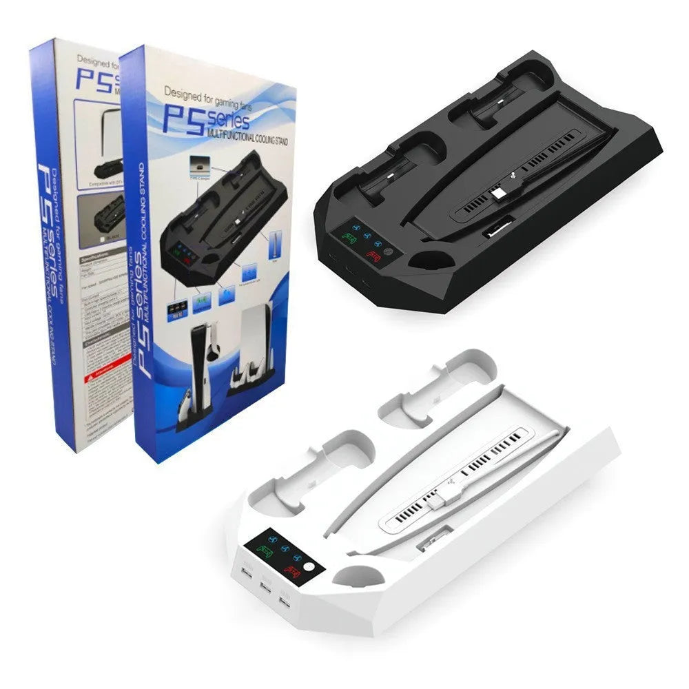 White PS5 charging station holding a console, two controllers, and a headset.