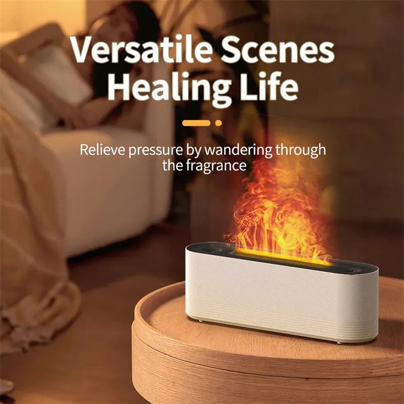 Black and white ultrasonic humidifier with flame LED lights and water mist output