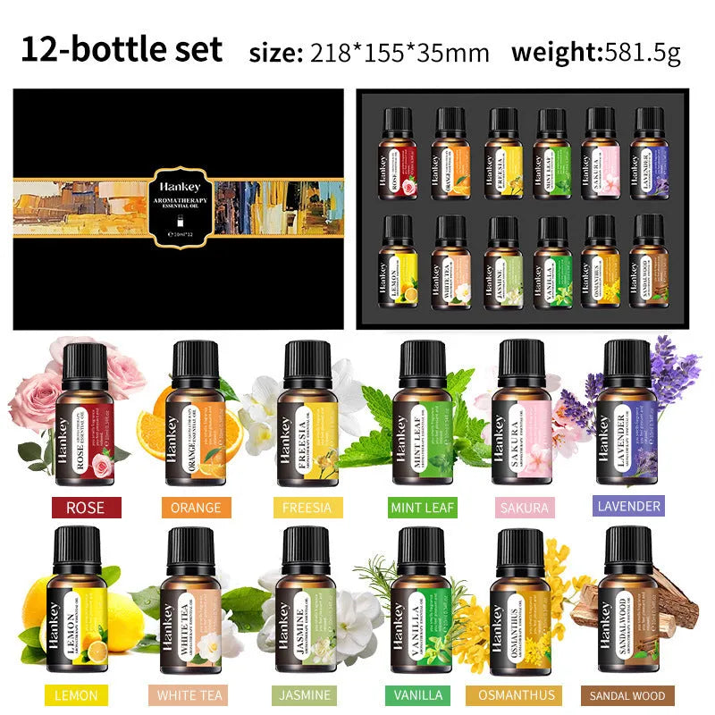 Boxed set of water-soluble aromatherapy essential oils for use in diffusers and humidifiers