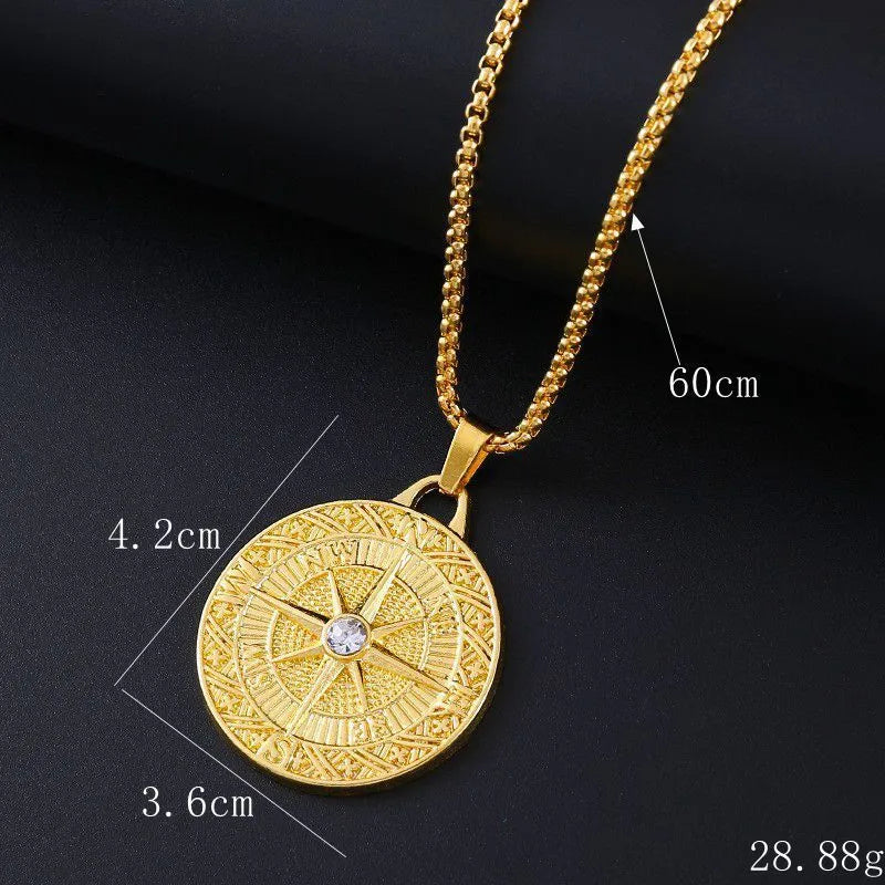 Gold geometric alloy women's necklace with inlaid zircon stones on a model.