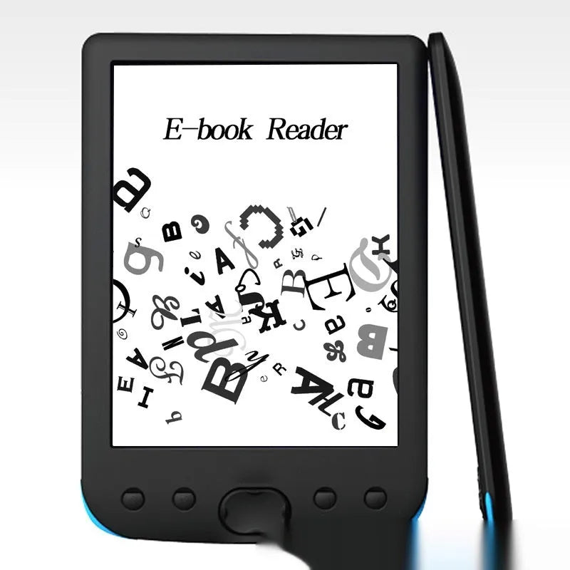 Black 6-inch E-ink touchscreen e-book reader showing a book page on its display.