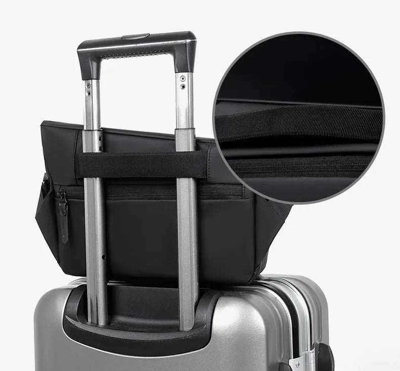 Grey PU men's crossbody sling backpack with a phone pocket on a mannequin.