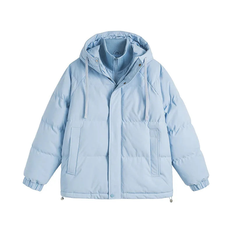 Loose winter cotton-padded coat in cardigan style with side seam pockets