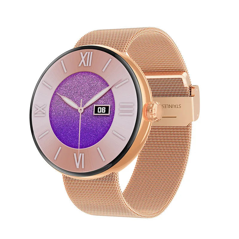 Circular smartwatch for women with metal strap and colour touchscreen on a wrist.