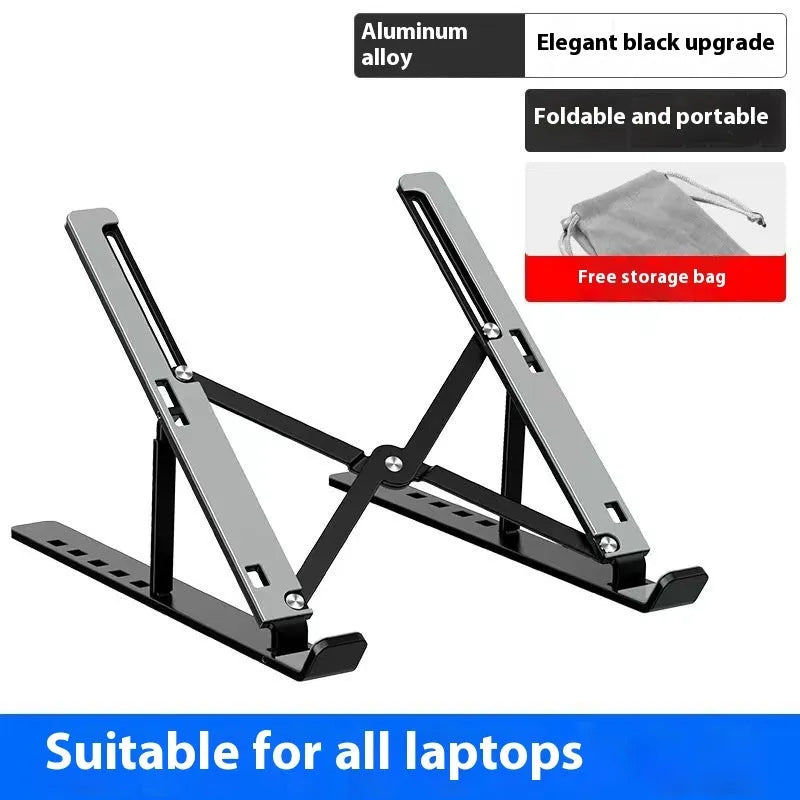 Folding aluminium laptop stand in silver finish showing cooling design for 16-18 inch notebooks