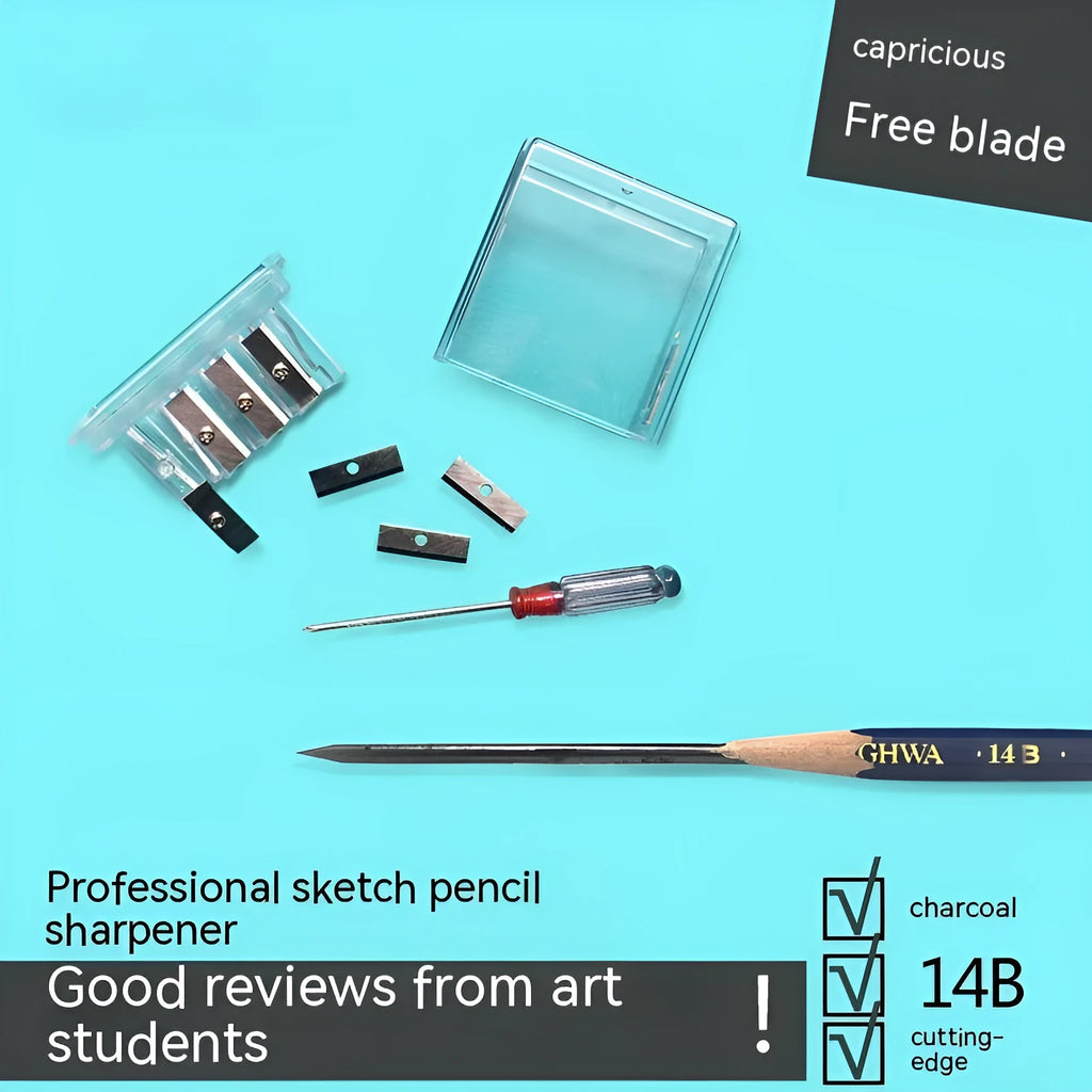 Geometric-shaped plastic pencil sharpener with four sharpening holes and a screwdriver