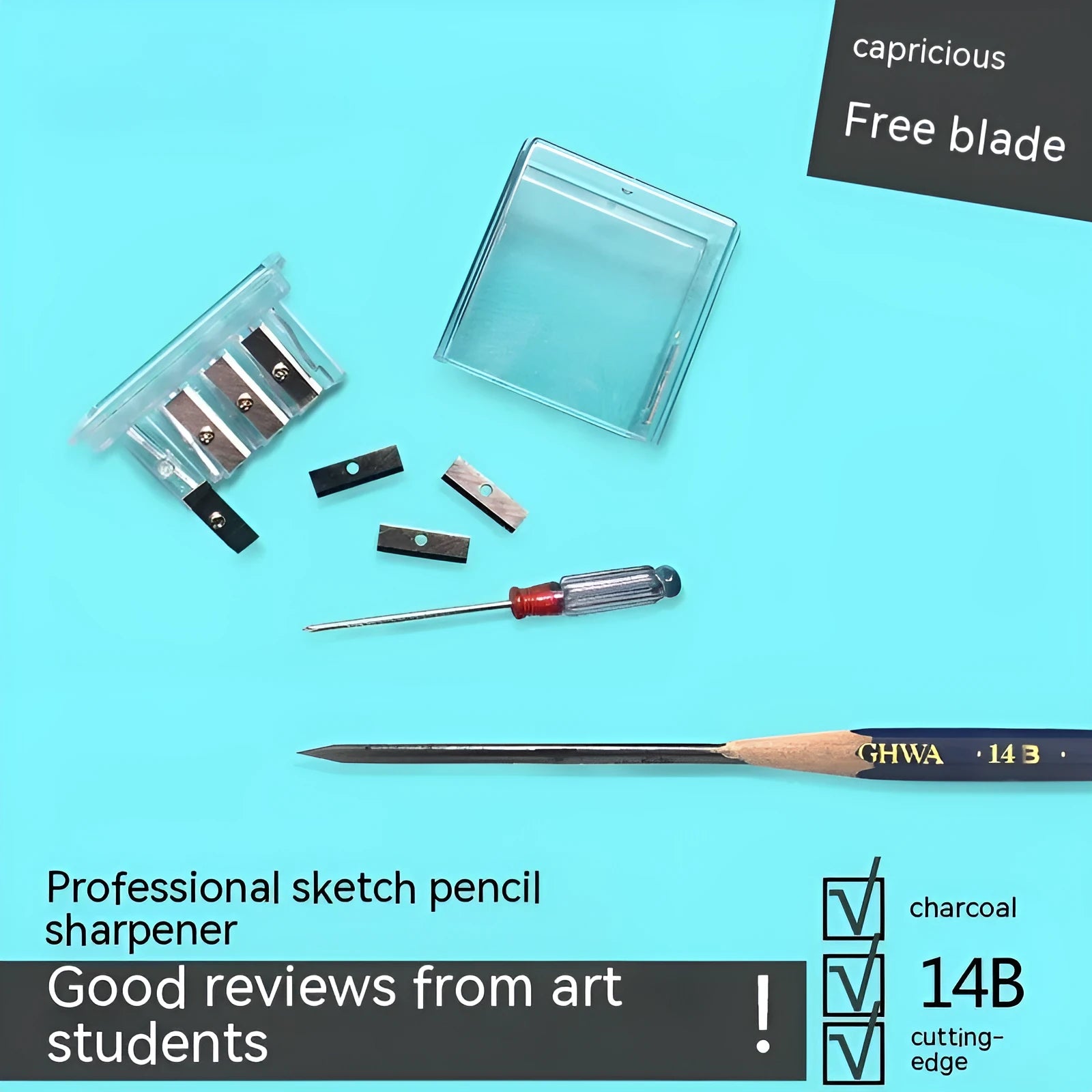 Geometric-shaped plastic pencil sharpener with four sharpening holes and a screwdriver