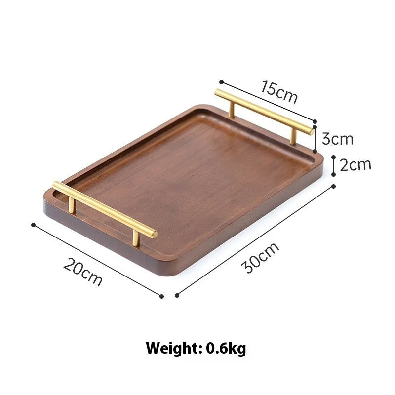 Square bamboo serving tray with brown handle for commercial food service