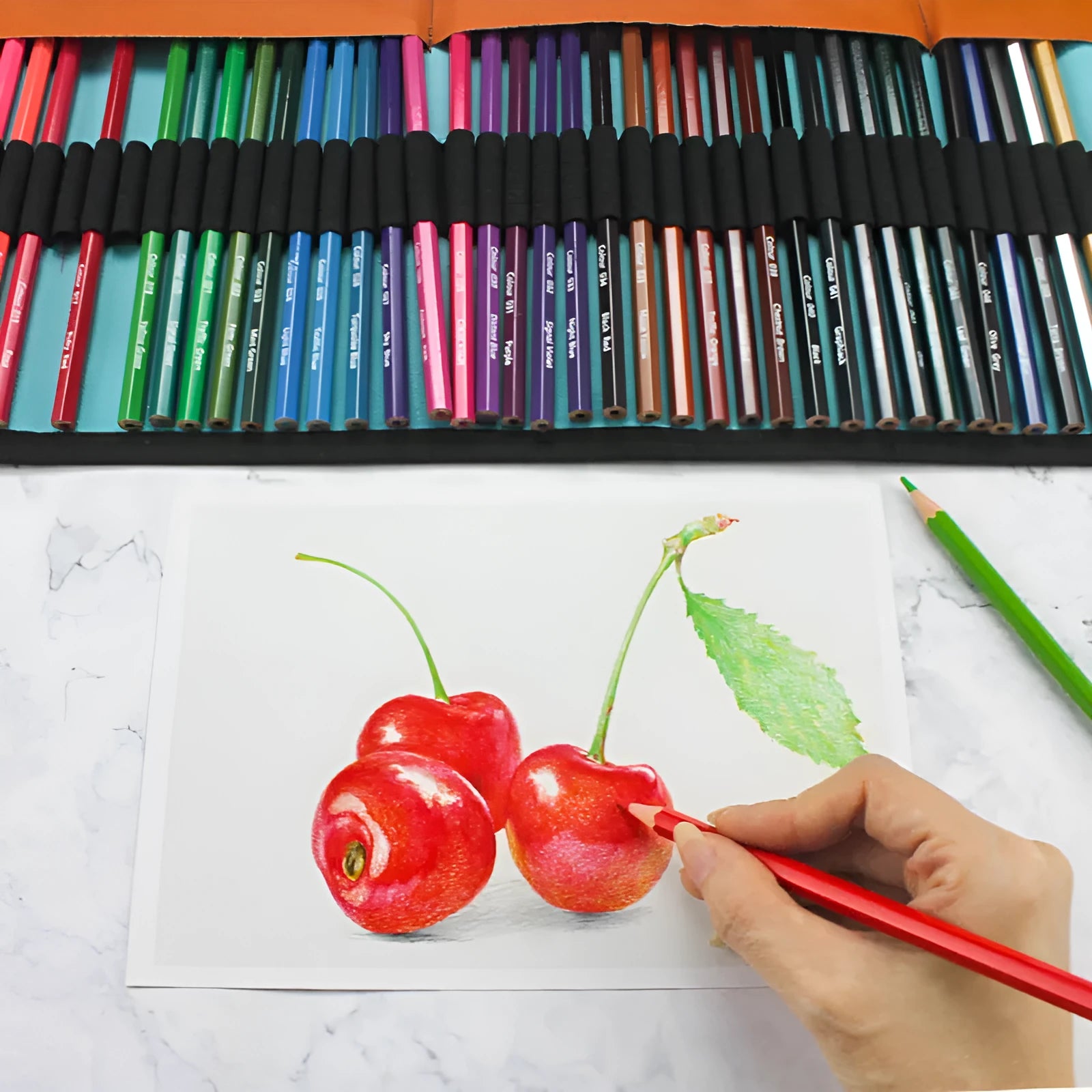 Set of fifty wooden coloured pencils for oily painting in a wooden storage case