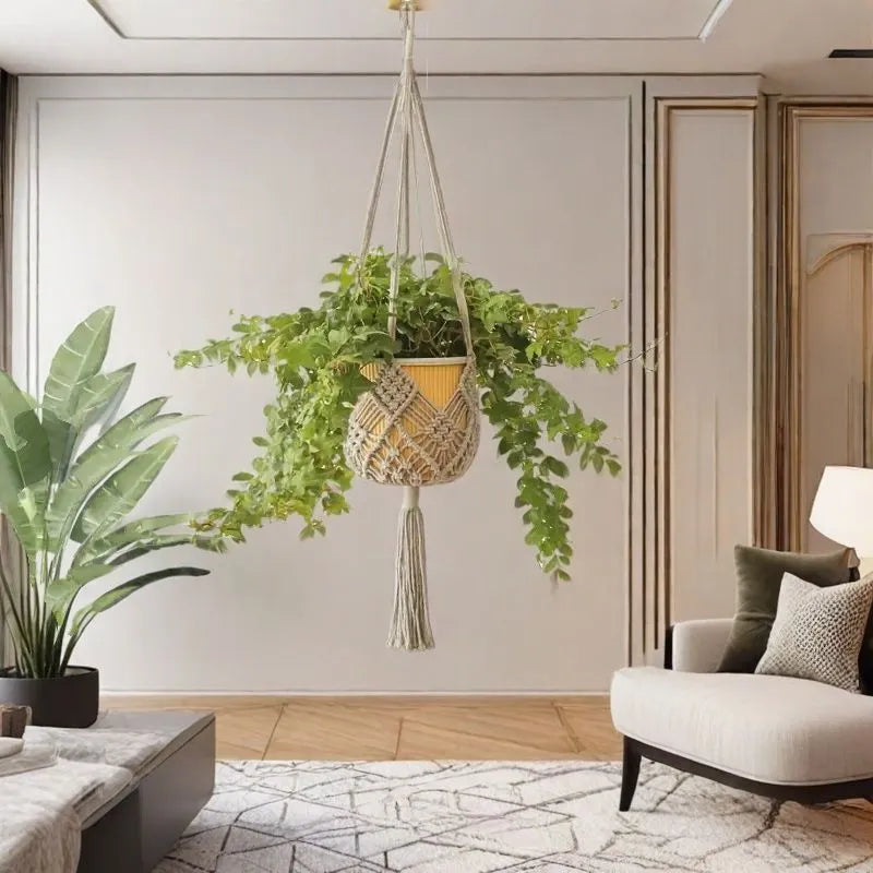Hand-woven minimalist flower pot in polyester cotton showing net pocket extension cord design