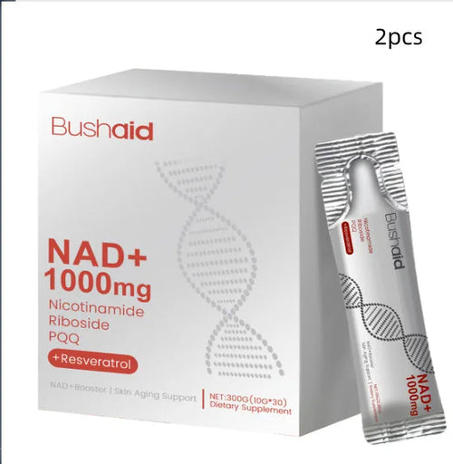 Anti-ageing drink supplement bottle containing nicotinamide riboside, Sophora extract, resveratrol and PQQ