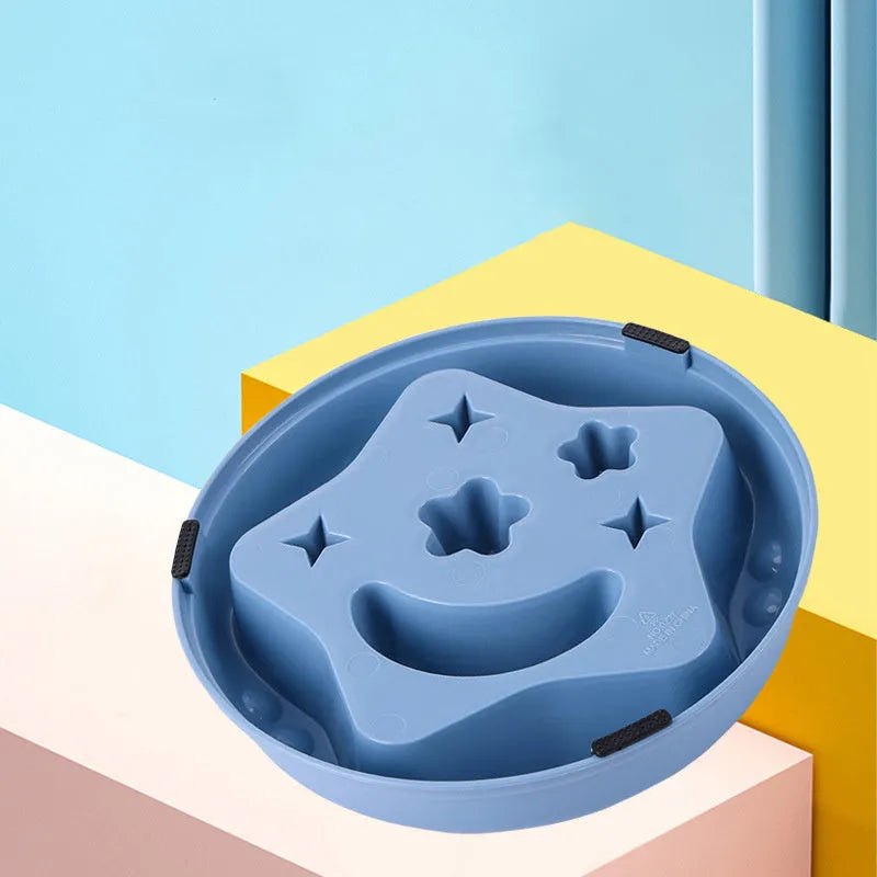 Moon star wings design slow feeder dog bowl for large dogs in blue, shown on a floor