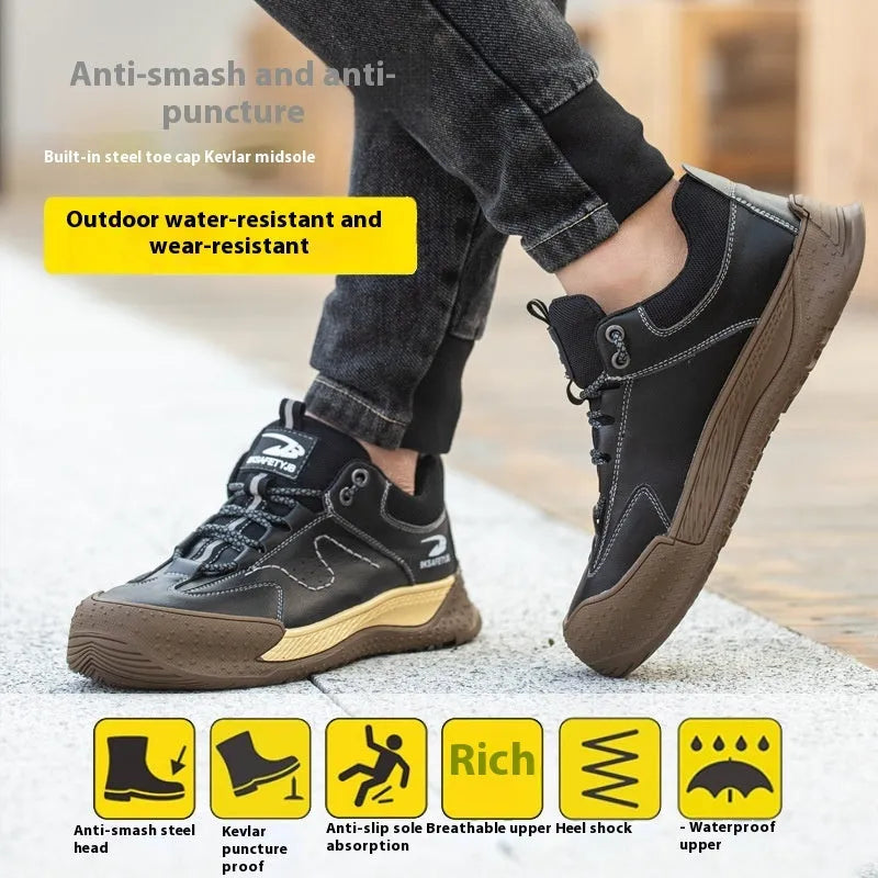 A pair of Flyknit leather work shoes with a rubber sole, shown in a choice of colours.