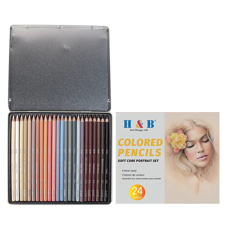 24 skin tone colour pencils for portrait artwork in round brush pot with iron box