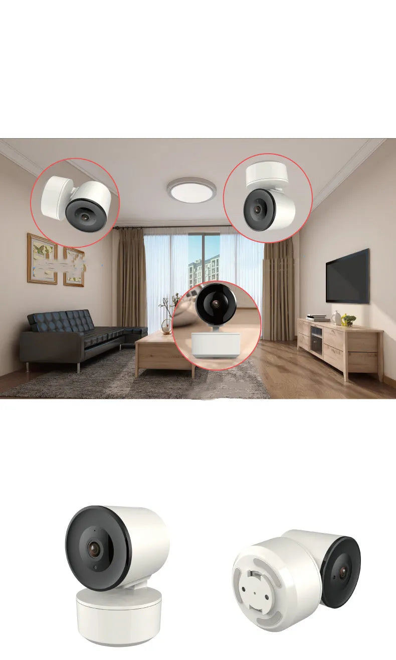 Indoor smart Wi‑Fi security camera with pan‑tilt base on a desk.